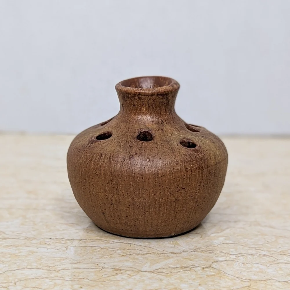 Studio Pottery Seagrove Flower Frog  Brown Vase Handcrafted Artisan Made